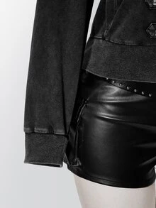 SHEIN ICON 女款大尺碼復古哥德風 Anti Social 性感休閒千禧 Y2K 街頭風做舊水洗雙排扣黑色連帽衛衣 - 黑色 - 查看 10