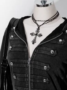 SHEIN ICON 女款大尺碼復古哥德風 Anti Social 性感休閒千禧 Y2K 街頭風做舊水洗雙排扣黑色連帽衛衣 - 黑色 - 查看 7