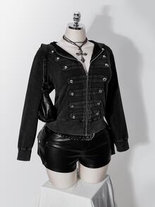 SHEIN ICON 女款大尺碼復古哥德風 Anti Social 性感休閒千禧 Y2K 街頭風做舊水洗雙排扣黑色連帽衛衣 - 黑色 - 查看 8