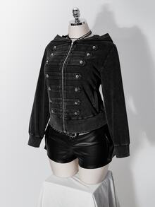 SHEIN ICON 女款大尺碼復古哥德風 Anti Social 性感休閒千禧 Y2K 街頭風做舊水洗雙排扣黑色連帽衛衣 - 黑色 - 查看 13