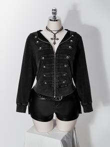 SHEIN ICON 女款大尺碼復古哥德風 Anti Social 性感休閒千禧 Y2K 街頭風做舊水洗雙排扣黑色連帽衛衣 - 黑色 - 查看 4