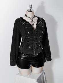 SHEIN ICON 女款大尺碼復古哥德風 Anti Social 性感休閒千禧 Y2K 街頭風做舊水洗雙排扣黑色連帽衛衣 - 黑色 - 查看 9