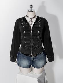 SHEIN ICON 女款大尺碼復古哥德風 Anti Social 性感休閒千禧 Y2K 街頭風做舊水洗雙排扣黑色連帽衛衣 - 黑色 - 查看 3