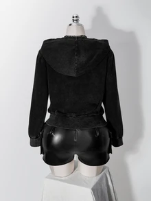 SHEIN ICON 女款大尺碼復古哥德風 Anti Social 性感休閒千禧 Y2K 街頭風做舊水洗雙排扣黑色連帽衛衣 - 黑色 - 查看 2