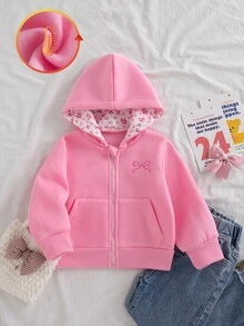 SHEIN Vintaside Kids 女嬰休閒純色保暖內裡連帽拉鍊夾克，適合秋冬穿著 - 粉色 - 查看 1