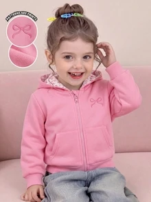 SHEIN Vintaside Kids 女嬰休閒純色保暖內裡連帽拉鍊夾克，適合秋冬穿著 - 粉色 - 查看 4
