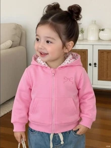 SHEIN Vintaside Kids 女嬰休閒純色保暖內裡連帽拉鍊夾克，適合秋冬穿著 - 粉色 - 查看 3