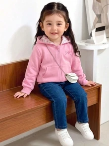 SHEIN Vintaside Kids 女嬰休閒純色保暖內裡連帽拉鍊夾克，適合秋冬穿著 - 粉色 - 查看 8