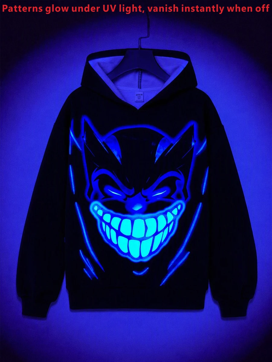 Kids Tween Boys Casual Streetwear Style Fluorescent Devil Print Hooded Sweatshirt, Perfect For The Back-To-School Season In Fall And Winter - Black - View 1