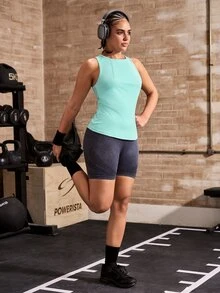 Powerista 女款純色圓領日常端莊運動休閒健身運動背心 淺藍色 無袖 涼感透氣 跑步健身房 夏季 - 綠色 - 查看 5