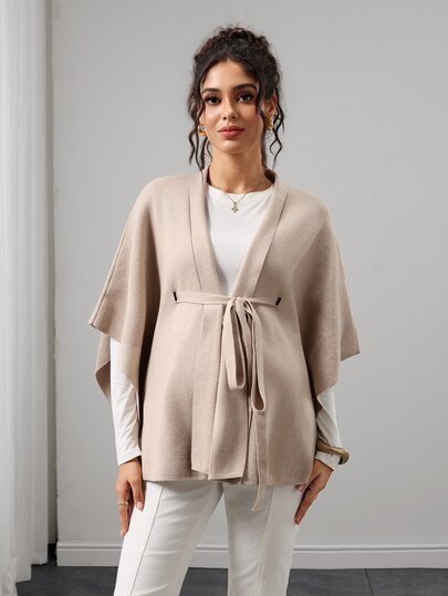 Momance Maternity Loose Fit Shawl Collar Cape Design Cover Up With Waist Tie, Casual Elegant Commute, Solid Color Loose Knit Sweater Jacket, Versatile Fall