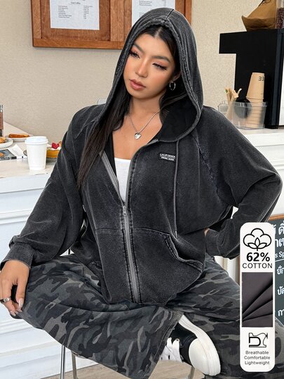 Muchica Pakaian Ukuran Besar, Gaya Jalanan, Denim Normal, Resleting, Lengan Panjang, Sweatshirt, Kencan Malam, Hitam Putih, Musim Gugur