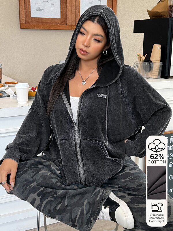 Muchica Pakaian Ukuran Besar, Gaya Jalanan, Denim Normal, Resleting, Lengan Panjang, Sweatshirt, Kencan Malam, Hitam Putih, Musim Gugur
