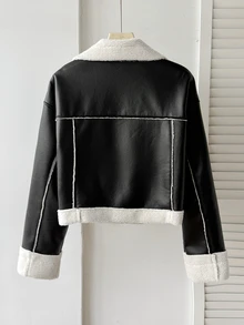 SHEIN 青少年女孩秋冬街頭風 PU皮革與毛皮複合保暖內裡加厚撞色翻領機車夾克，適合秋冬日常穿著 - 棕色 - 查看 2