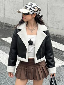 SHEIN 青少年女孩秋冬街頭風 PU皮革與毛皮複合保暖內裡加厚撞色翻領機車夾克，適合秋冬日常穿著 - 棕色 - 查看 5