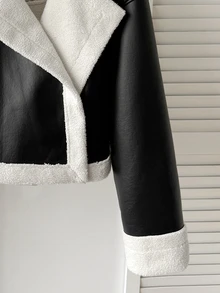 SHEIN 青少年女孩秋冬街頭風 PU皮革與毛皮複合保暖內裡加厚撞色翻領機車夾克，適合秋冬日常穿著 - 棕色 - 查看 7