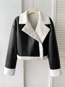 SHEIN 青少年女孩秋冬街頭風 PU皮革與毛皮複合保暖內裡加厚撞色翻領機車夾克，適合秋冬日常穿著 - 棕色 - 查看 4