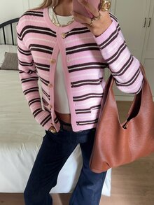 SHEIN EZwear 女款粉色條紋拼接配色單排扣休閒百搭日常外出開襟衫校園秋季 - 粉色 - 查看 9