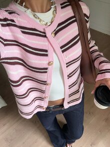 SHEIN EZwear 女款粉色條紋拼接配色單排扣休閒百搭日常外出開襟衫校園秋季 - 粉色 - 查看 7
