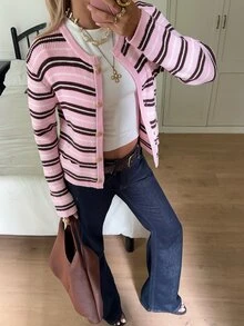 SHEIN EZwear 女款粉色條紋拼接配色單排扣休閒百搭日常外出開襟衫校園秋季 - 粉色 - 查看 4