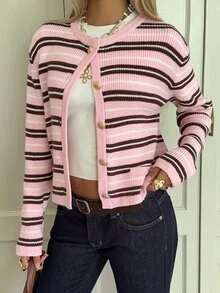 SHEIN EZwear 女款粉色條紋拼接配色單排扣休閒百搭日常外出開襟衫校園秋季 - 粉色 - 查看 5