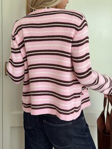 SHEIN EZwear 女款粉色條紋拼接配色單排扣休閒百搭日常外出開襟衫校園秋季 - 粉色 - 查看 3