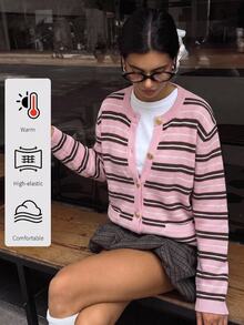 SHEIN EZwear 女款粉色條紋拼接配色單排扣休閒百搭日常外出開襟衫校園秋季 - 粉色 - 查看 12