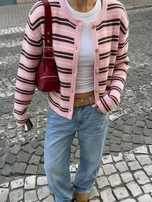 SHEIN EZwear 女款粉色條紋拼接配色單排扣休閒百搭日常外出開襟衫校園秋季 - 粉色 - 查看 10