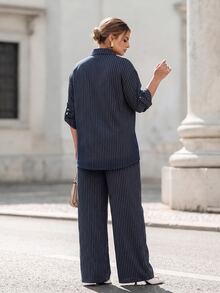 Chikora Plus Size Striped Shirt & Pants Casual Commuter Set - Navy Blue - View 2