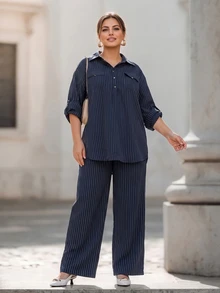 Chikora Plus Size Striped Shirt & Pants Casual Commuter Set - Navy Blue - View 3