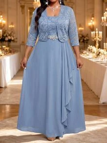 Fleurora Plus Size Women's Lace Rhinestone Decorated Dress And Long Sleeve Cardigan Suit Set - Blue - View 5