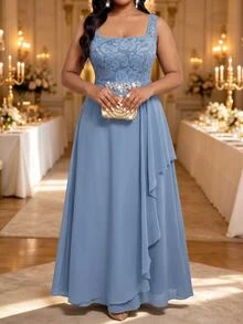 Fleurora Plus Size Women's Lace Rhinestone Decorated Dress And Long Sleeve Cardigan Suit Set - Blue - View 2