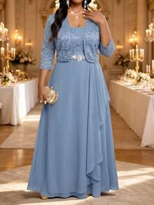 Fleurora Plus Size Women's Lace Rhinestone Decorated Dress And Long Sleeve Cardigan Suit Set - Blue - View 3
