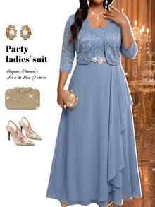 Fleurora Plus Size Women's Lace Rhinestone Decorated Dress And Long Sleeve Cardigan Suit Set - Blue - View 6