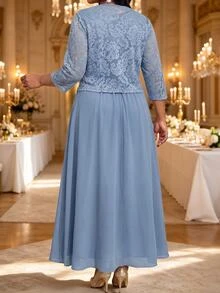 Fleurora Plus Size Women's Lace Rhinestone Decorated Dress And Long Sleeve Cardigan Suit Set - Blue - View 4