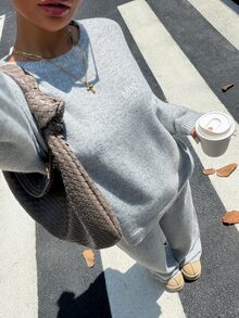 Muchica Women Fall Casual 2‑Piece Knit Outfit Set, Letter Embroidered Crew Neck Long Sleeve Sweater Top & Wide Leg Pants Co‑Ord Loungewear Set - Grey - View 1