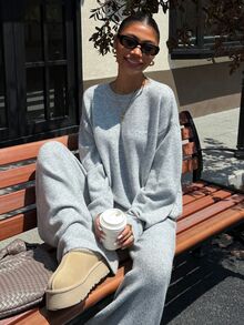 Muchica Women Fall Casual 2‑Piece Knit Outfit Set, Letter Embroidered Crew Neck Long Sleeve Sweater Top & Wide Leg Pants Co‑Ord Loungewear Set - Grey - View 7