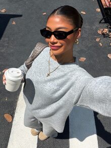 Muchica Women Fall Casual 2‑Piece Knit Outfit Set, Letter Embroidered Crew Neck Long Sleeve Sweater Top & Wide Leg Pants Co‑Ord Loungewear Set - Grey - View 6