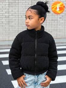 SHEIN 青少年女孩秋冬休閒街頭風黑色保暖內裡加厚立領泰迪絨短夾克外套 - 黑色 - 查看 6
