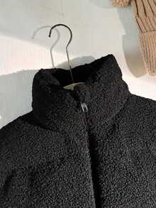 SHEIN 青少年女孩秋冬休閒街頭風黑色保暖內裡加厚立領泰迪絨短夾克外套 - 黑色 - 查看 5