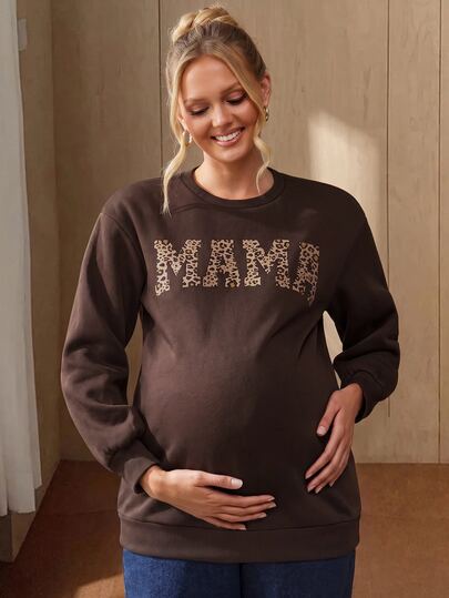 Lyckli Maternity Leopard Print Letter Print Crew Neck Long Sleeve Casual Sweatshirt