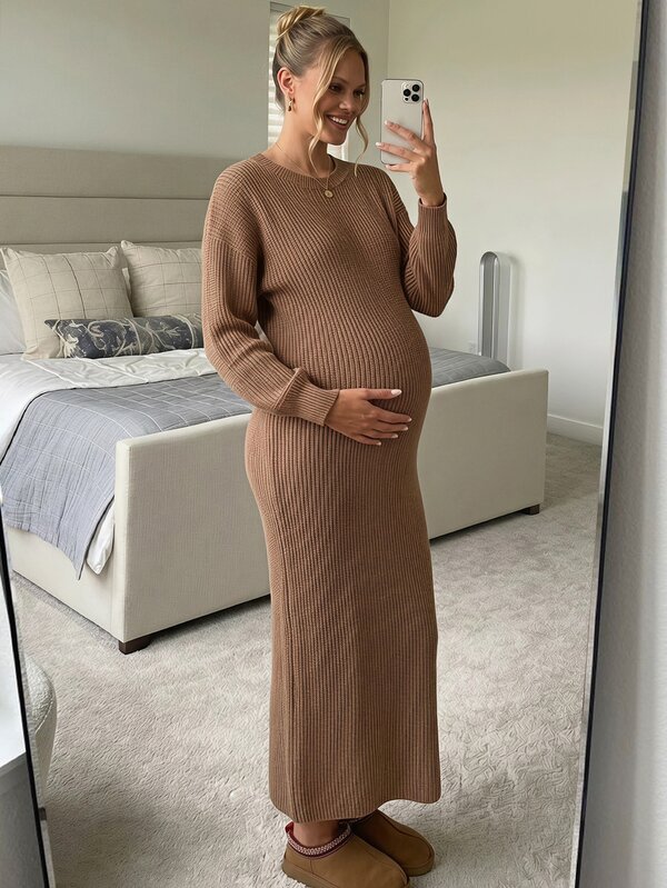 SHEIN Maternity Casual Solid Color Knit Dress For Autumn/Winter