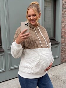 SHEIN Maternity Casual Colorblock Hooded Sweatshirt, Autumn/Winter - Multicolor - View 1