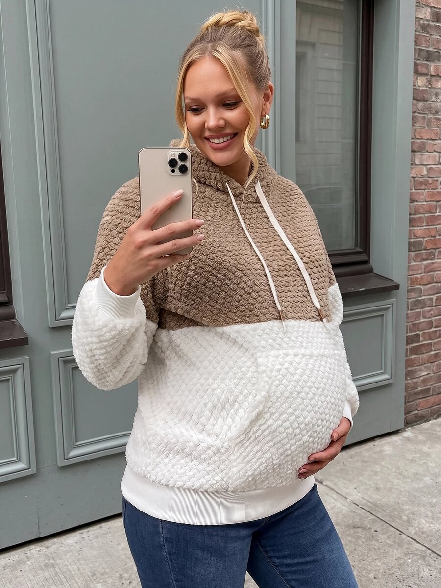 SHEIN Maternity Casual Colorblock Hooded Sweatshirt, Autumn/Winter - Multicolor - View 1