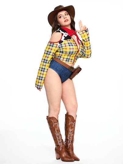 ROMWE Avant Set da 2 pezzi costume da donna taglie forti con top a quadri patchwork e slip a triangolo, casual, per Ognissanti, cosplay, role play e performance sul palco
