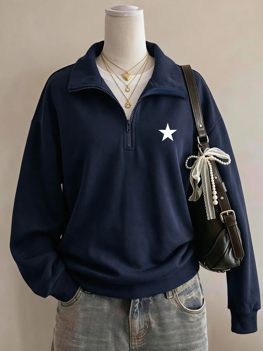 SHEIN 1件女童休閒運動衫,長袖,抓絨,秋季衣物,皇家藍運動衫布料與燈芯絨拼接,半拉鍊高領,星星印花 - 藍色 - 查看 1