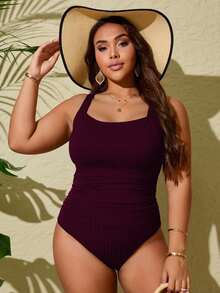 SHEIN Swim 大尺碼一件式大圓領腹部打褶黑色寬螺紋面料成熟女款泳衣，適合夏季度假與海灘 - 酒紅色 - 查看 3