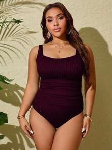 SHEIN Swim 大尺碼一件式大圓領腹部打褶黑色寬螺紋面料成熟女款泳衣，適合夏季度假與海灘 - 酒紅色 - 查看 4
