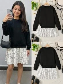 SHEIN 青少年女孩秋冬可愛拼接配色長袖洋裝，校園洋裝，衛衣洋裝 - 黑與白 - 查看 6