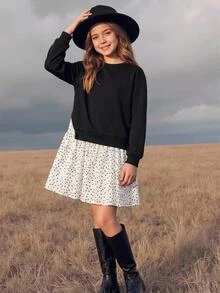 SHEIN 青少年女孩秋冬可愛拼接配色長袖洋裝，校園洋裝，衛衣洋裝 - 黑與白 - 查看 1